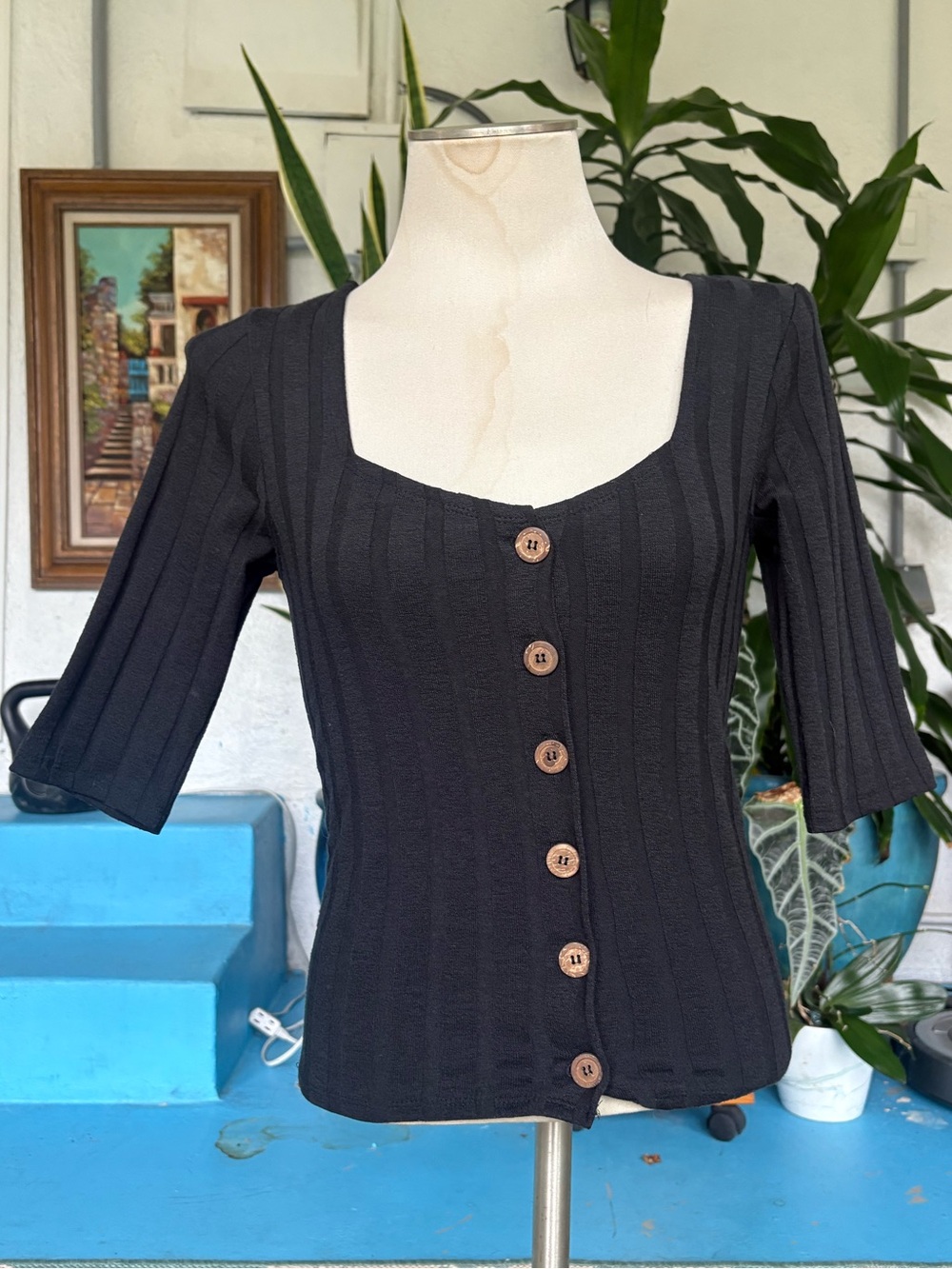 Free People Black Ribbed Button-Front Women’s Top